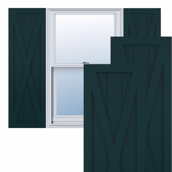 True Fit PVC Single X-Board Farmhouse Fixed Mount Shutters, Thermal Green, 15